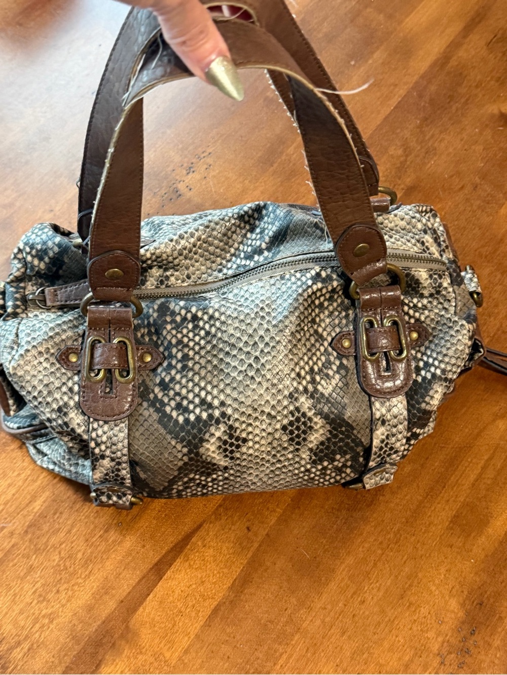 Jessica Simpson Gray Snake-Print Shoulder Bag with Brown Trim